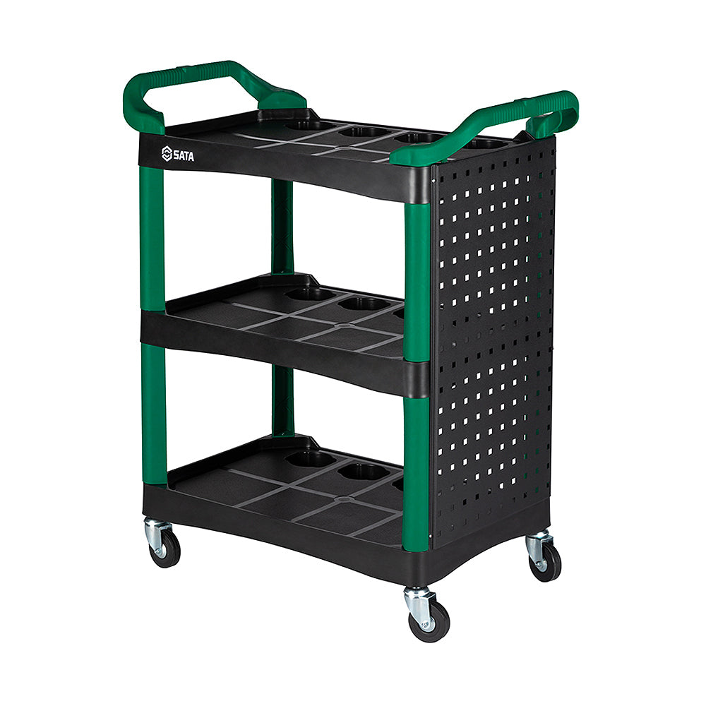 Xe đẩy dụng cụ 3 tầng SATA AE5971 màu xanh lá, khung thép, khay nhựa PP, có bảng treo, bánh xe 5 inch.