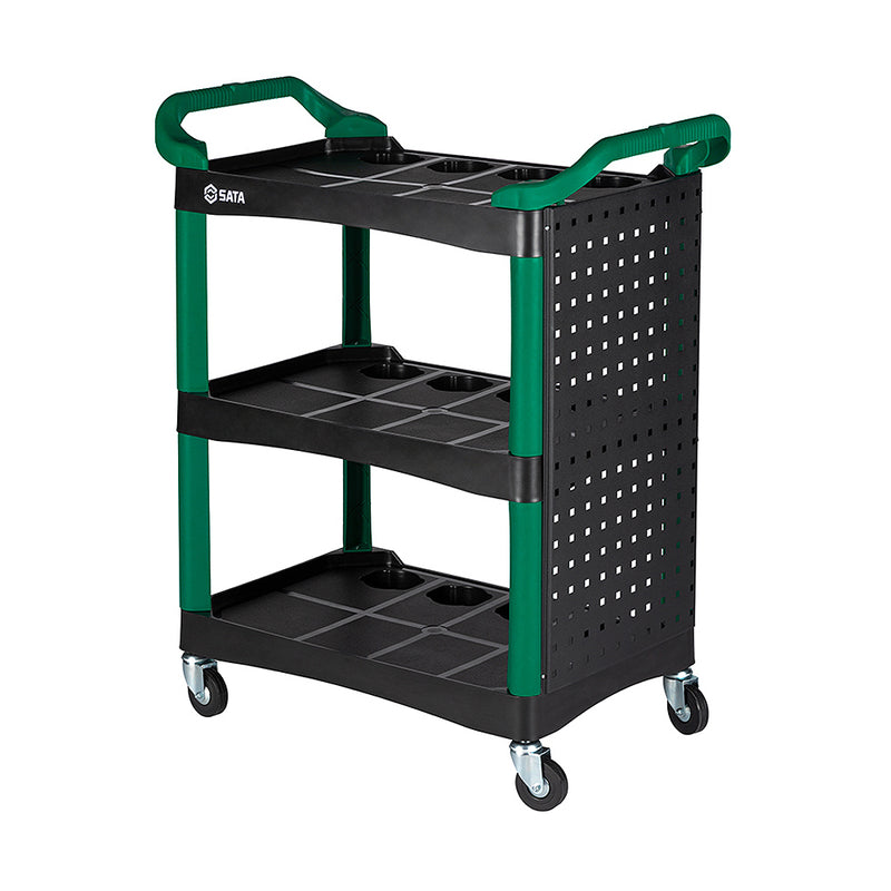 Xe đẩy dụng cụ 3 tầng SATA AE5971 màu xanh lá, khung thép, khay nhựa PP, có bảng treo, bánh xe 5 inch.