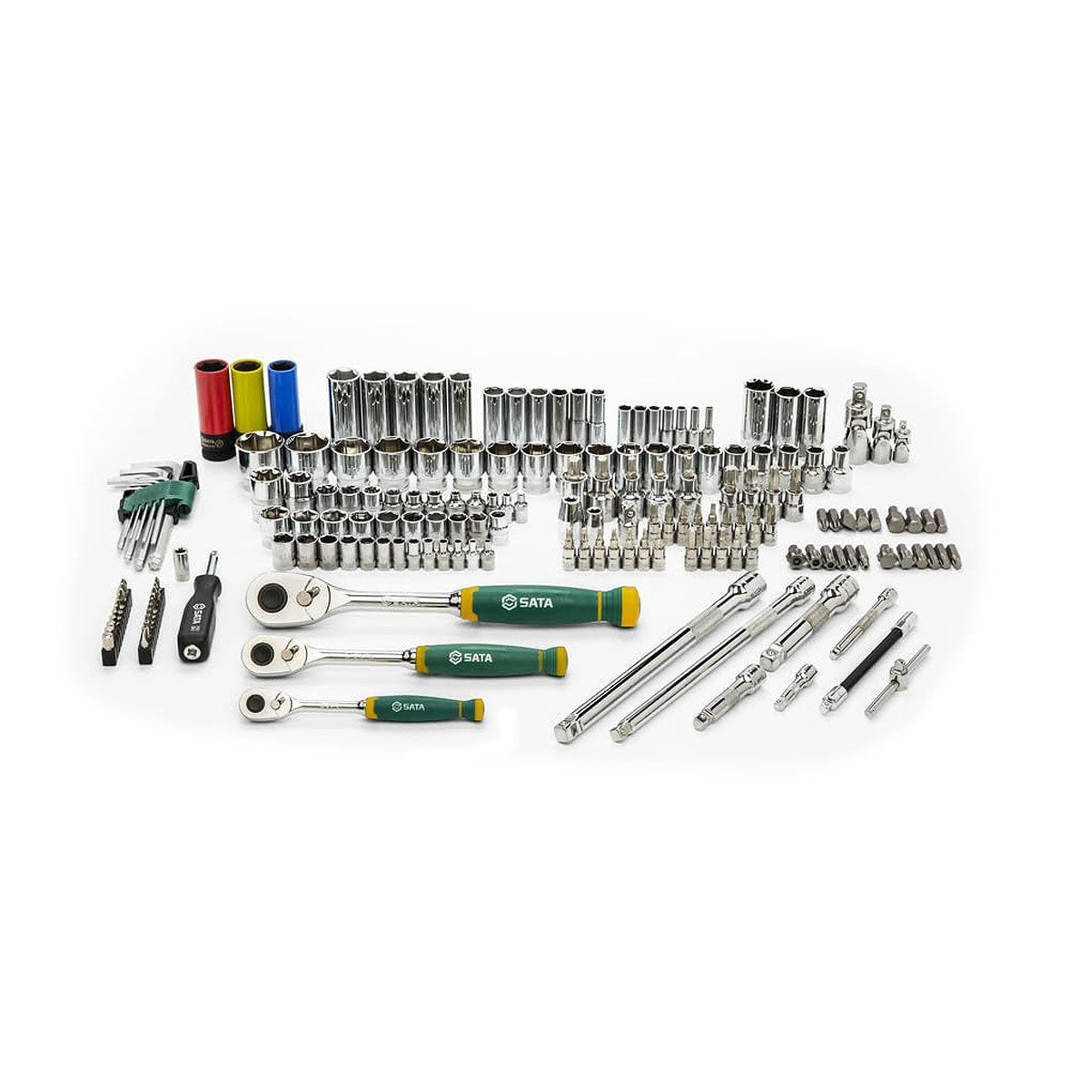 Bộ đầu tuýp, kèm cần siết tự động 180 chi tiết SATA ST09546G cốt 1/2 inch, 1/4 inch, 3/8 inch