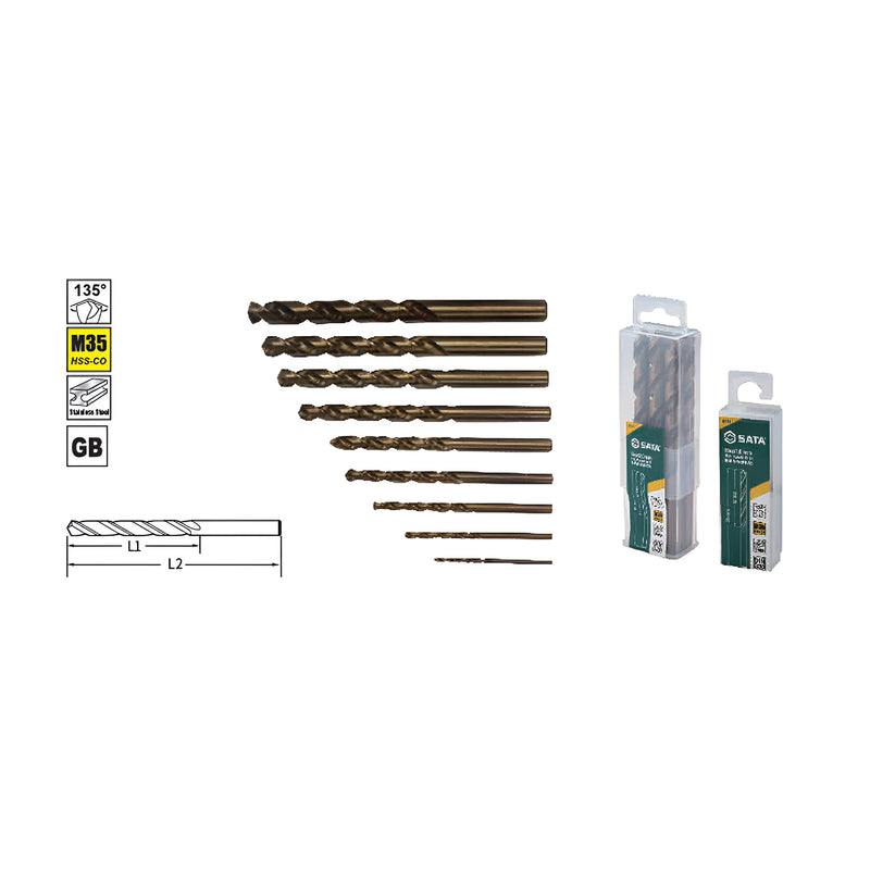 Hộp 10 mũi khoan Inox, chất liệu HSS-Co SATA kích thước từ 1mm - 8.5mm, đuôi trơn